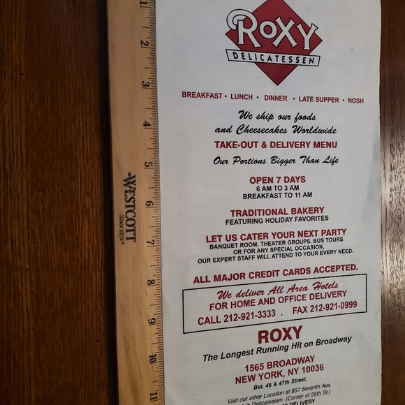Roxy World Famous Now Closed THE ROXY Delicatessen New York City NYC Menu - Picture 3 of 8